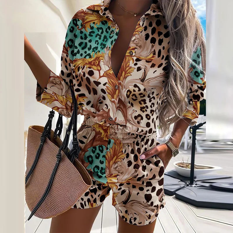 Autumn Casual Beach Outfits For Women 2024 Spring Half Sleeve Shirts Tops And Shorts 2 Piece Set Leopard Print Two Piece Sets - Seprincess