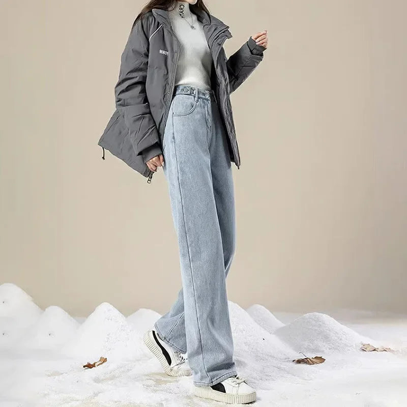 Thickened Fleece-Lined Warm Straight-Leg Jeans Design Adjustable High-Waisted Slimming Bell Bottoms Winter New Arrival