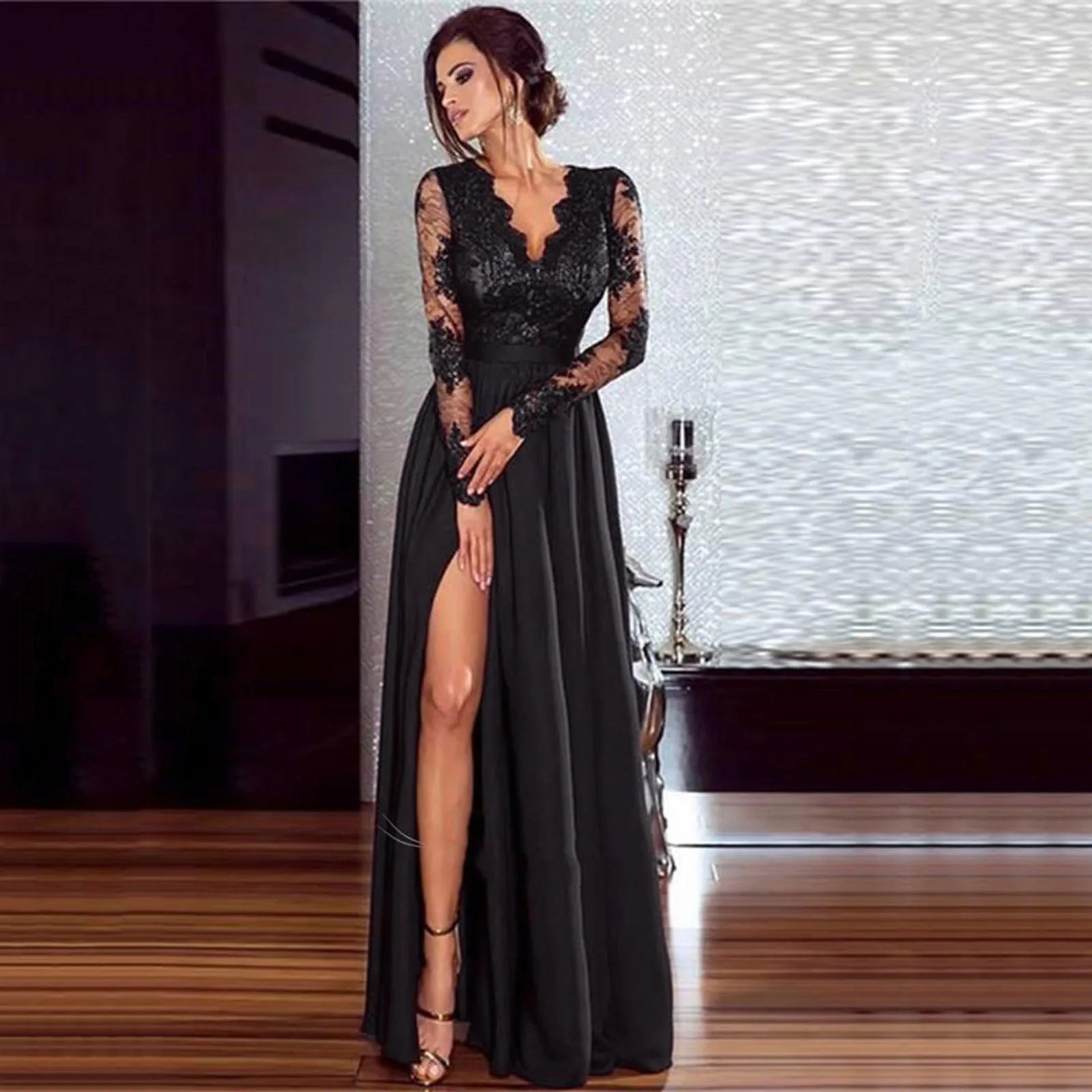 Women Floral Lace Maxi Dress Long Sleeve V-Neck Bridesmaid Wedding Evening Party Dresses Dresses For Women Party Casual - Seprincess