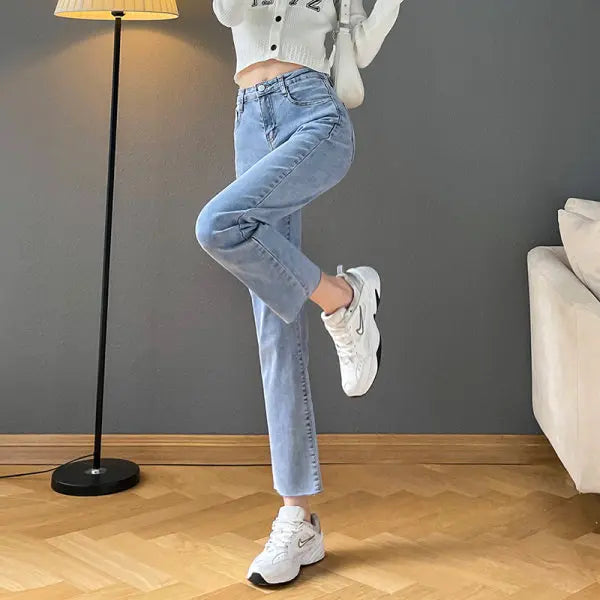 Rarely Hem Pants Spring High Waist Elastic Straight Barrel Jeans Women's Small Smoke Pipe