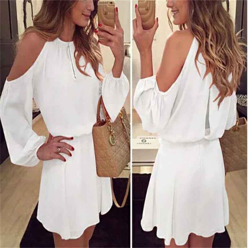 New Women Sexy Long Sleeves Casual Off Shoulder Chiffon Party Evening Club wear Short Mini Dress - Seprincess