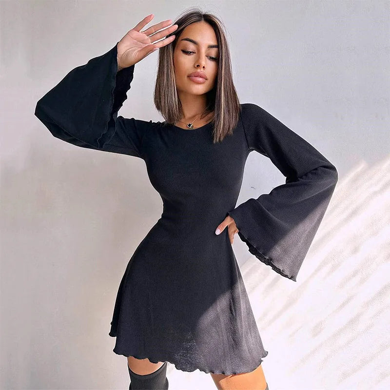 Sexy Dresses Nightclub Mini Short Party Dress Women Back Bandage O Neck A Line Flare Sleeves Autumn Vestidos Ladies Fall Robe - Seprincess