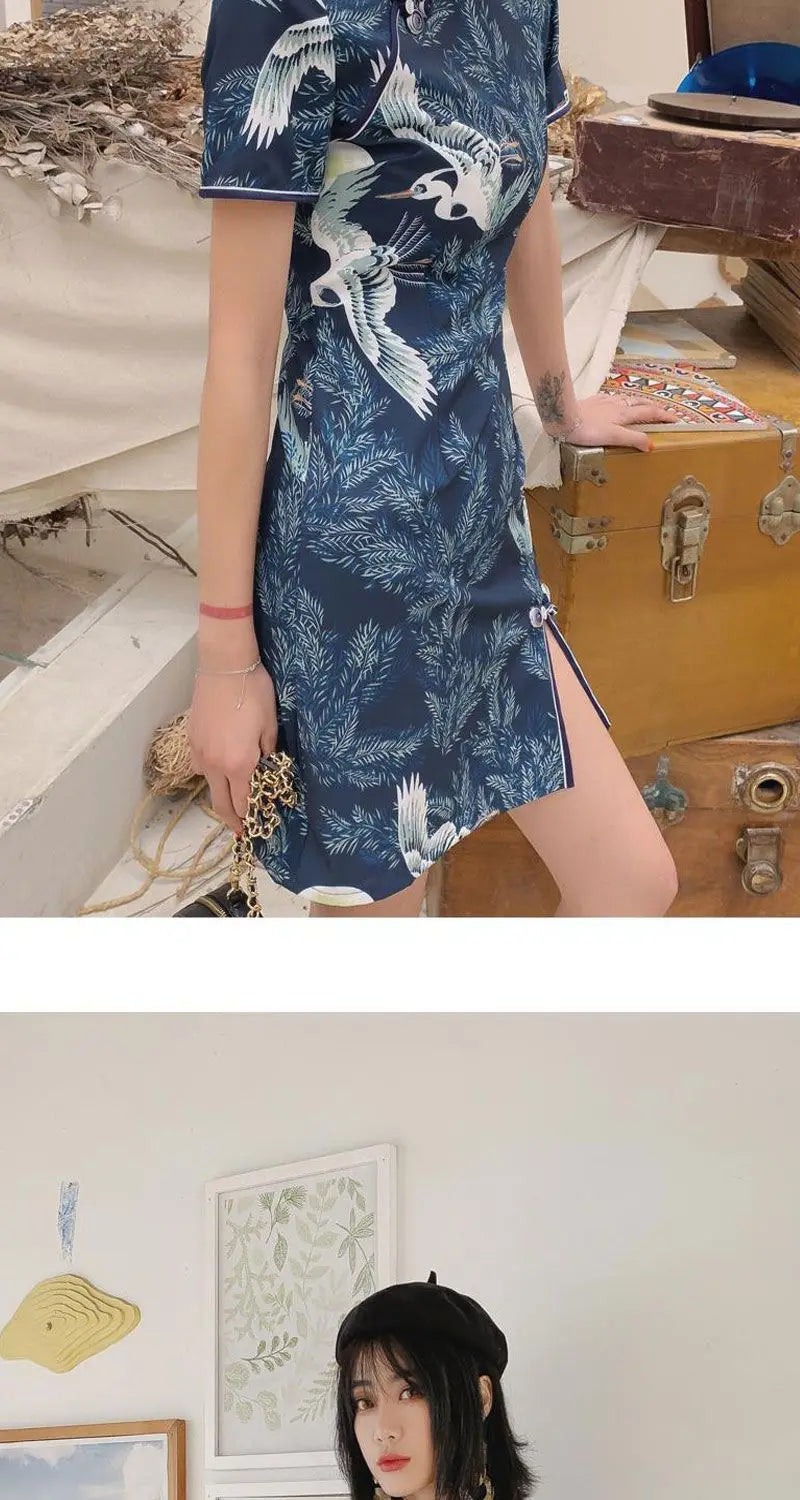 New Daily Improvement Cheongsam Dress 2024 Summer Short Sleeved Chinese Style Retro Young Style A-line Crane Print Dress Qipao - Seprincess