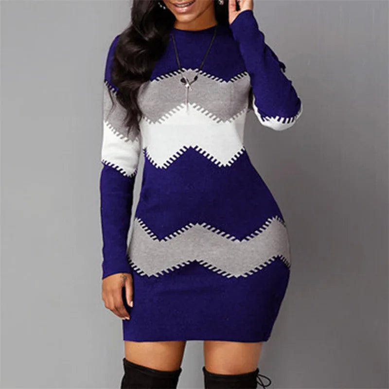 Women Elegant Patchwork Long Sleeve Warm Dress 2022 Autumn Winter Rib Knit Sweater Dress Casual Turtleneck Pullover Mini Dresses - Seprincess