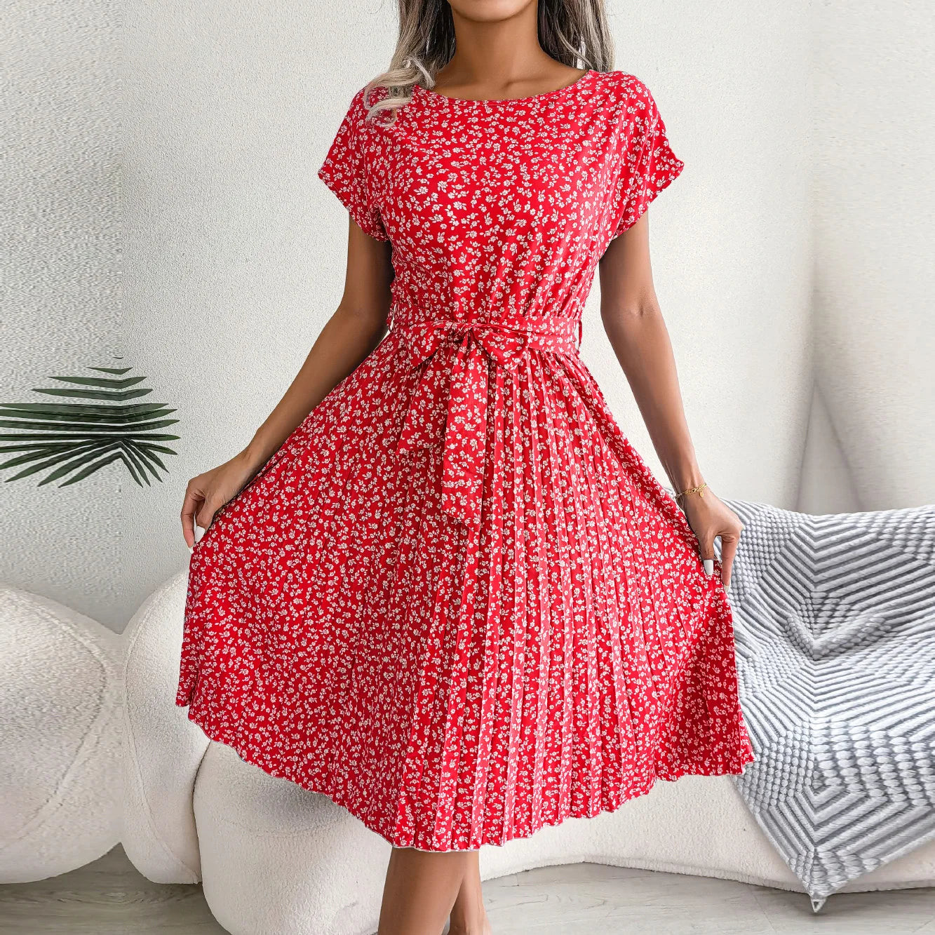 Women Spring Summer Short Sleeve High Waist Chic Dress Fashion Floral Pleated A Line Long Dress - Seprincess