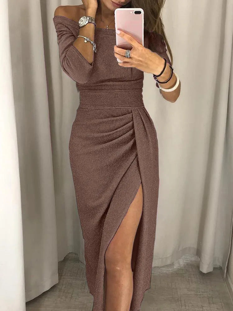 2023 New Women's Off Shoulder Long Sleeve Bodycon Evening Party Long Dress Asymmetrical Split Pencil Dresses S M L XL XXL - Seprincess