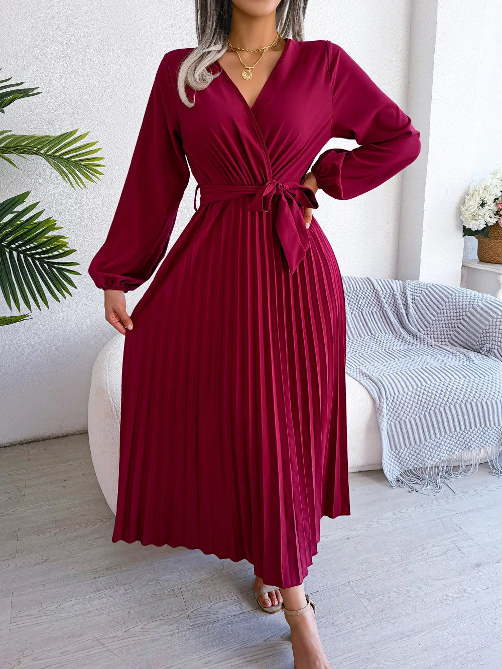 Women Elegant V Neck Long Sleeve Pleated Maxi Dress - Seprincess