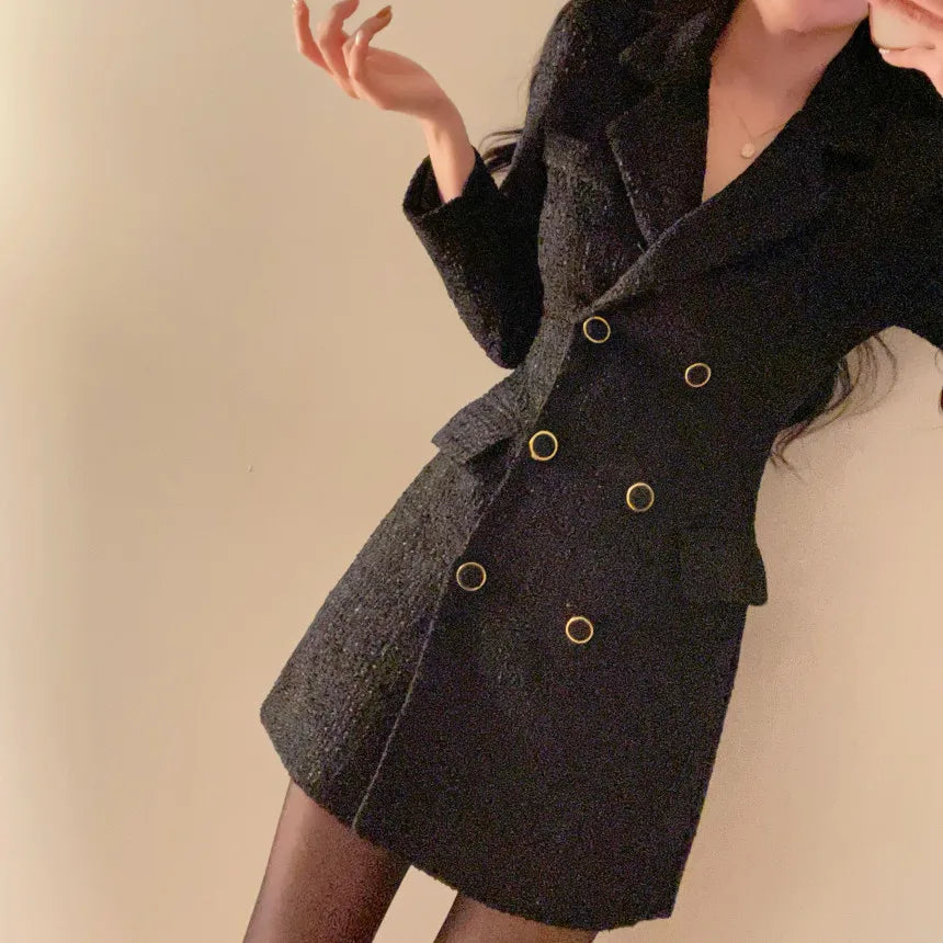 Elegant Tweed Blazer Dress Double Breasted Slim Short Dresses for Women Korean Fashion Office Lady Coat Dress Autumn Winter New - Seprincess