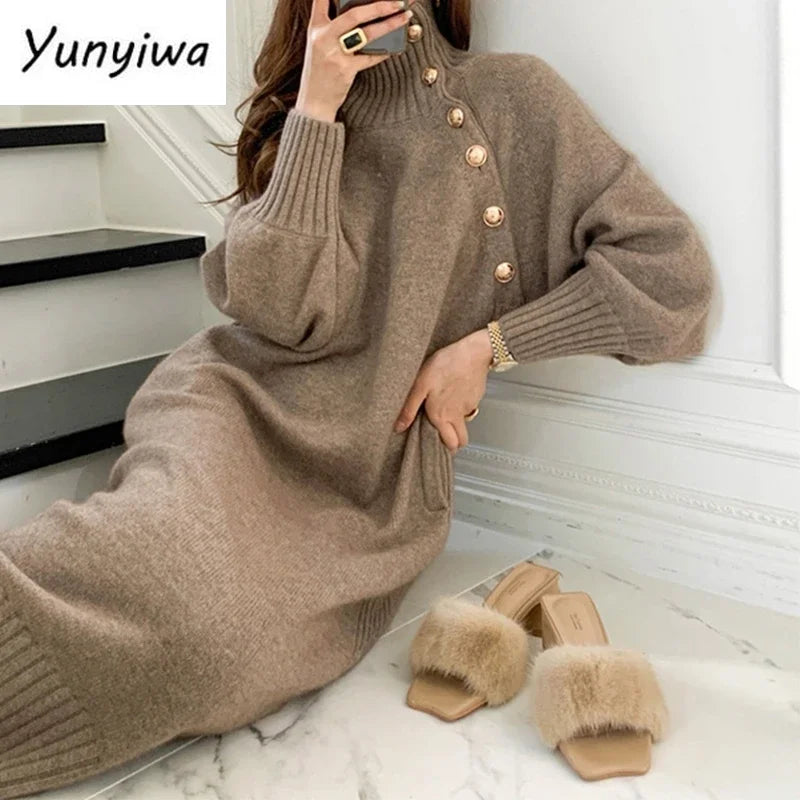 Winter Turtleneck Buttons Women Knitted Dress Elegant Full Sleeve Lace-up Female Thicken Long Dress for Sweater Autumn New - Seprincess