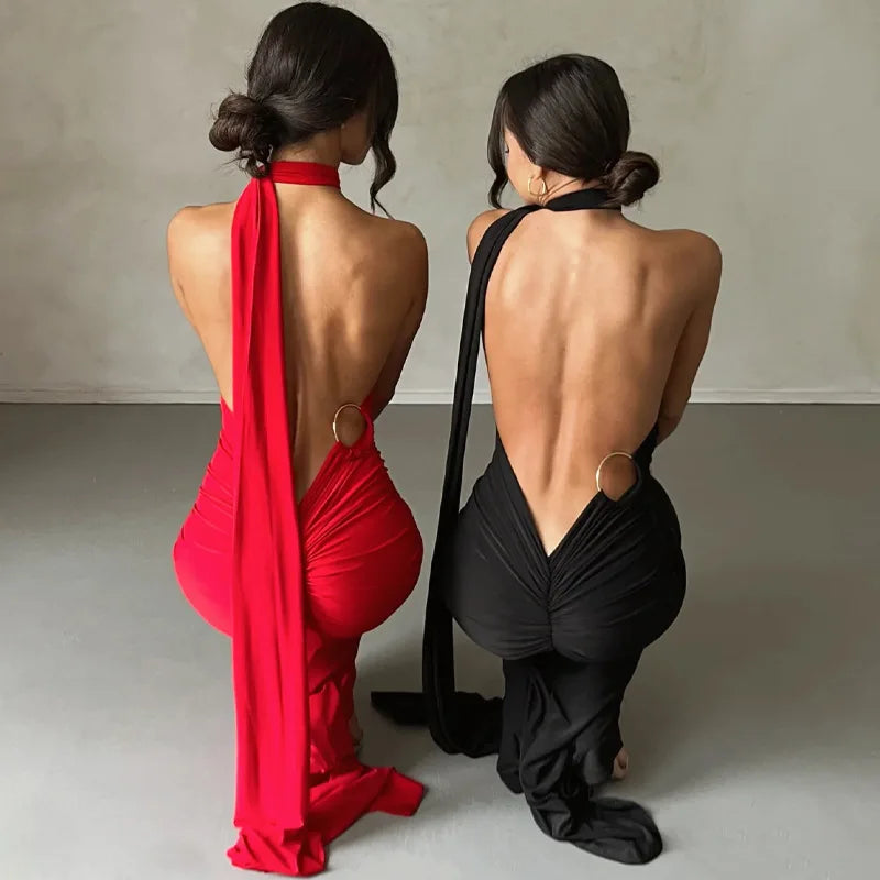 Womens Elegant Evening Party Cocktail Long Dress Sexy Backless Open Back Ruched Slim Bodycon Formal Wedding Guest Maxi Dress