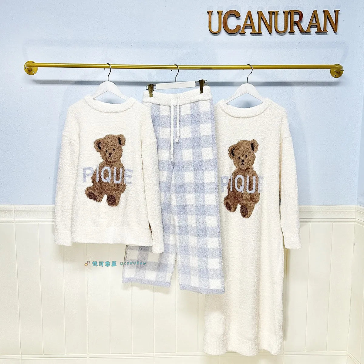 Japan Style Original New Year Teddy Bear Plaid Winter Thick Pajamas Knitted Sweaters Gown Wine Sleepwear Loungewear - Seprincess