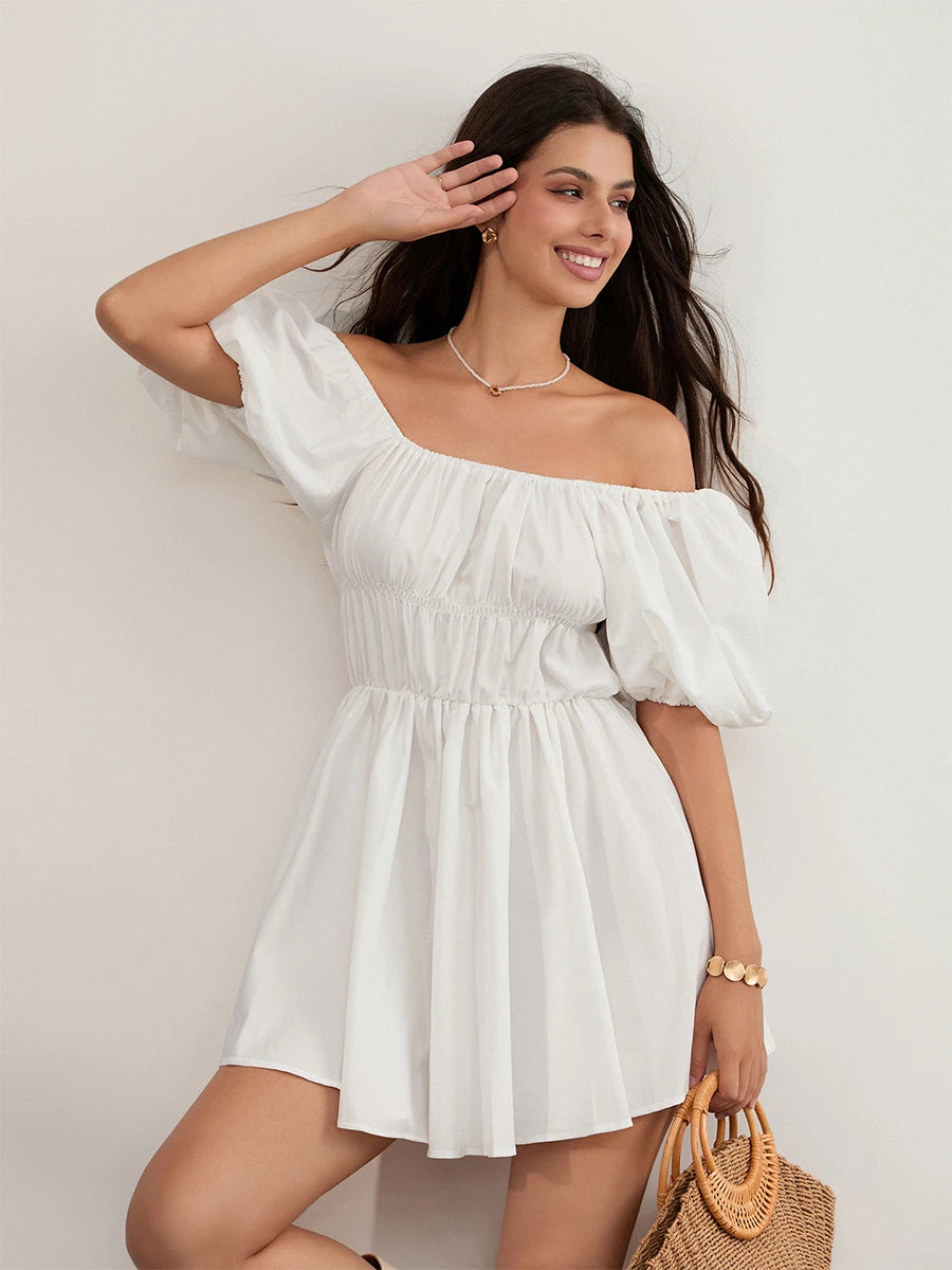 Women Casual Summer Dress Fashion Sexy Solid Color Elegant Short Puff Sleeve Off-shoulder Tunic Dress Brown/White - Seprincess