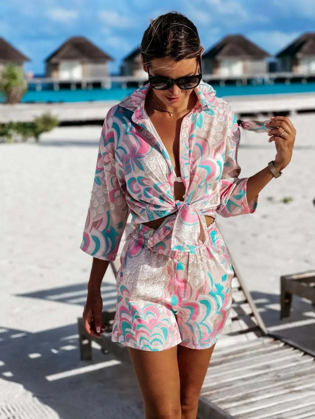 Women's Shirt Sets Fashion Printed Summer Long Sleeve Shirt + Shorts 2 Pieces Set 2023 Lady Vintage Holiday Beach Casual Outfits - Seprincess