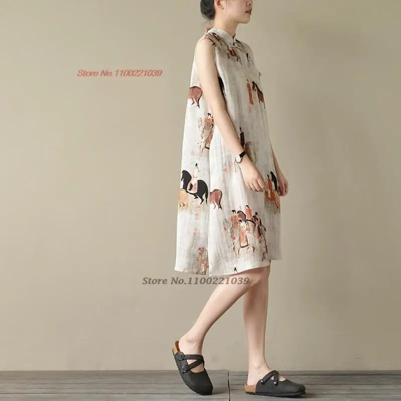 2024 chinese sleeveless dress vintage cheongsam dress national print cotton linen qipao chinese traditional dress a-line qipao - Seprincess