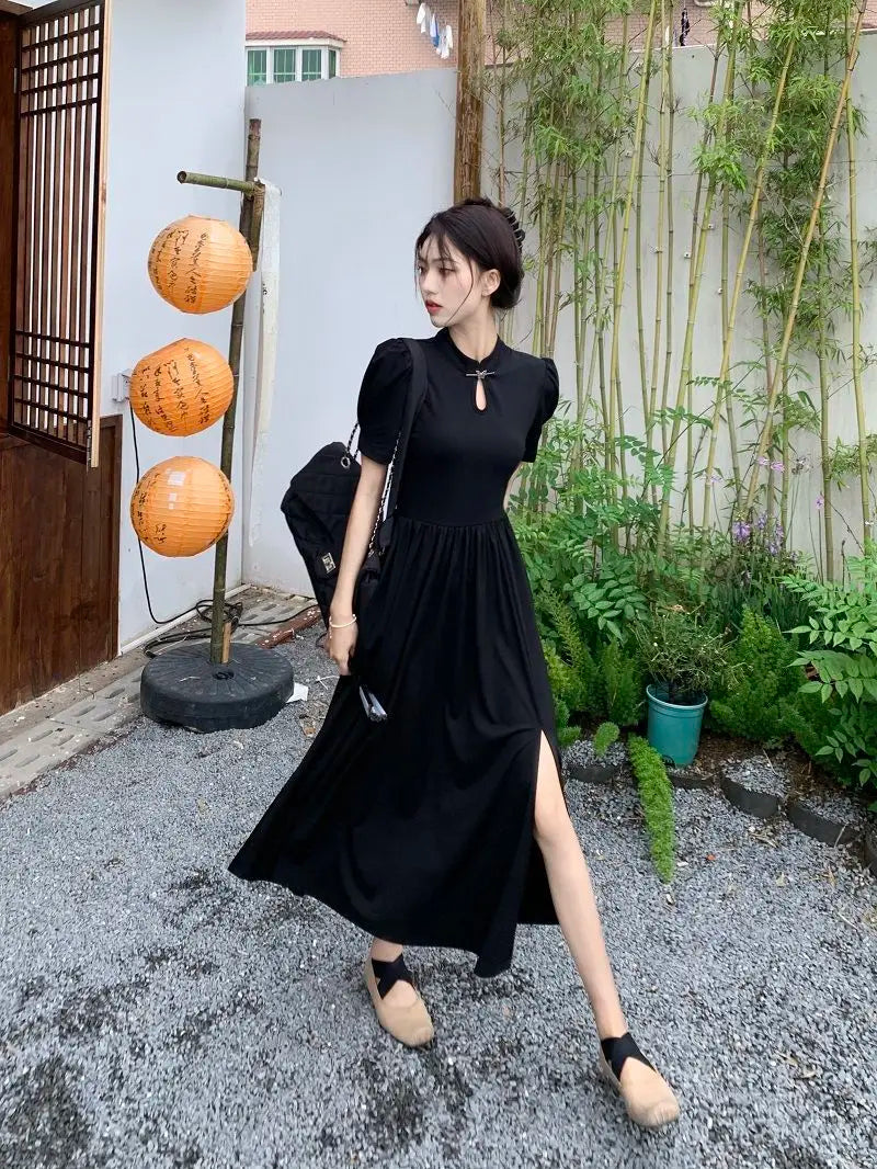 New Chinese Style Improved Cheongsam Dress New Summer Qipao Temperament Black Large Swing Split Midi Qi Pao Dress Woman - Seprincess