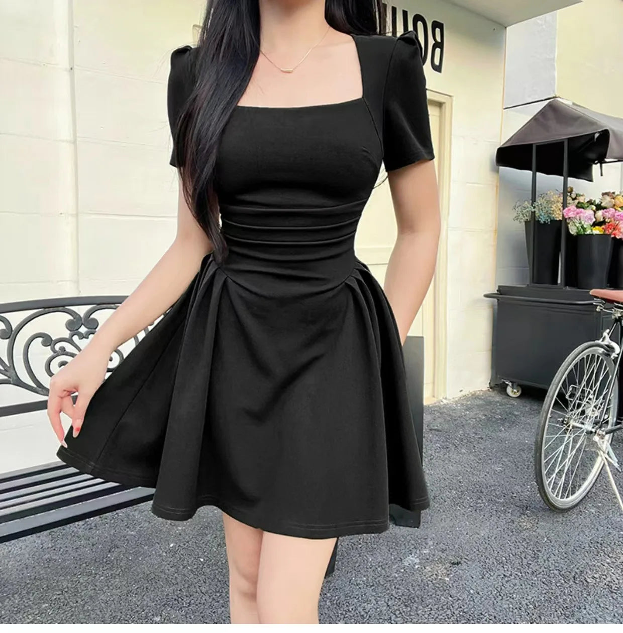 French Hepburn Style Soft Girl Black Dress Elegant 2024 Summer New Fashion Slim Fit Waist Slimming Pleated For Women's Dress PVK - Seprincess