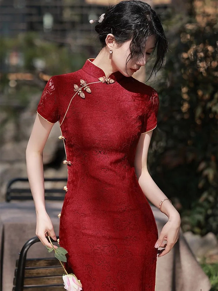 New Arrival Cheongsam Dress Red Jacquard with Improved Design Perfect for Wedding Bridal Party Banquet Dinner - Seprincess