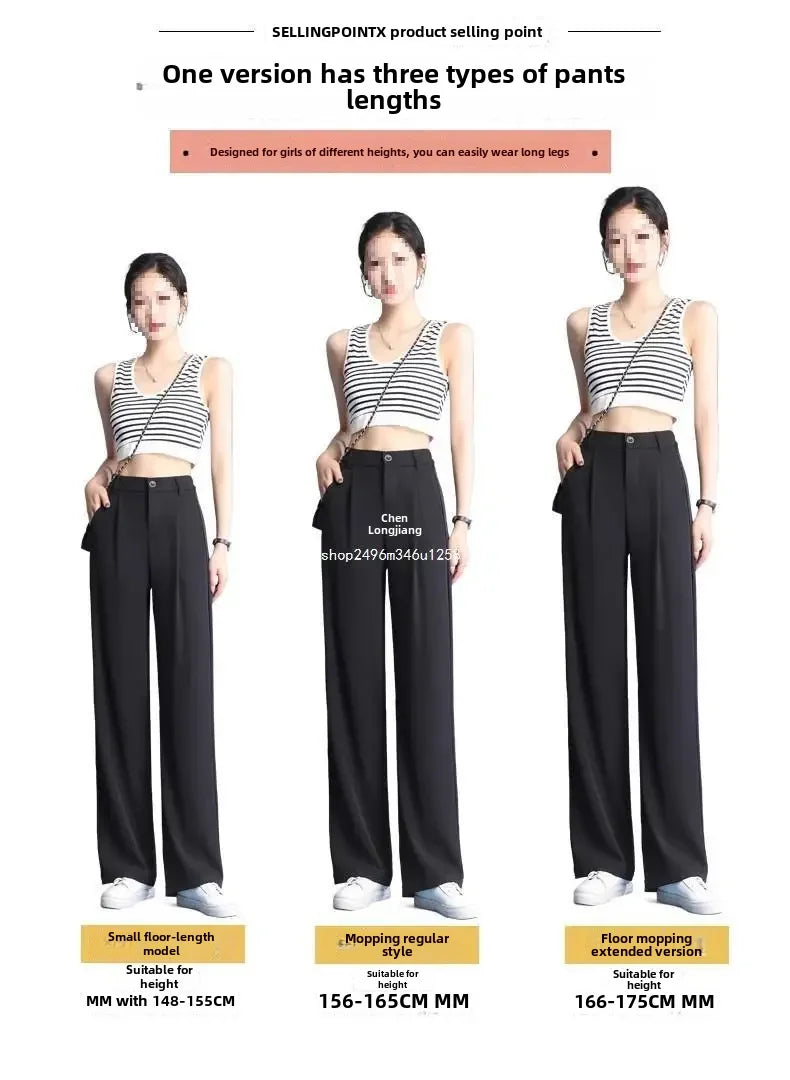 Plus Size High-waisted Thin Black Casual Trousers Women's Summer Ice Silk Bell Bottoms Straight-leg Pants For Ladies