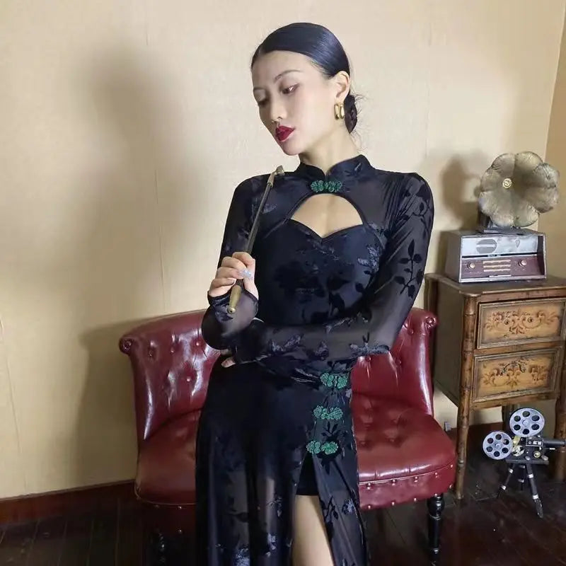 Black Chinese Elegant Dress for Women Vintage Mandarin Collar Female Sexy High Split Long Sleeve Slim Qipao Classic Cheongsam - Seprincess