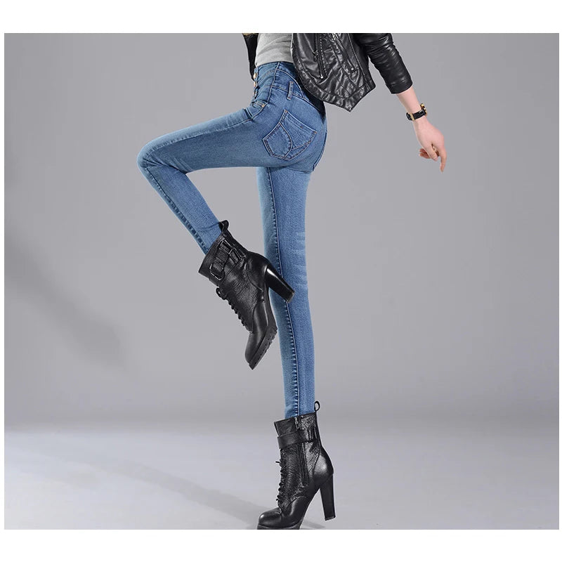 High-Waisted Jeans, Three-Breasted Jeans, Women's Spring & Fall New Slim Pants, Casual Denim Pants, Women's Stretch Pencil Jeans