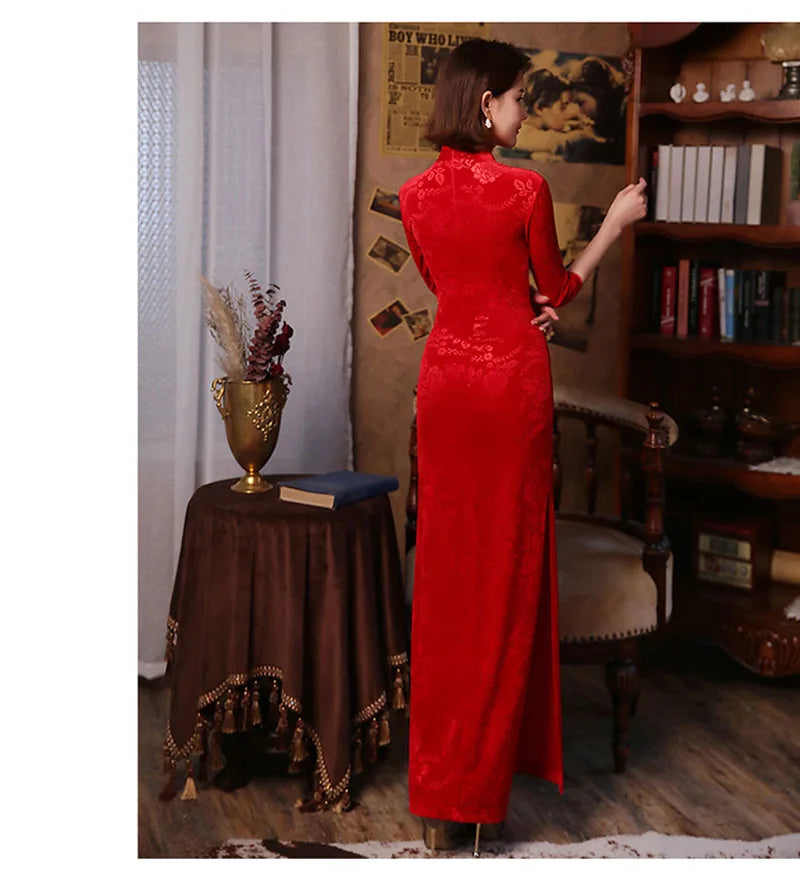 Red 3/4 Sleeve Long Cheongsam Velvet Slim Mother Dress Elegant Traditional Evening Dresses Qipao - Seprincess