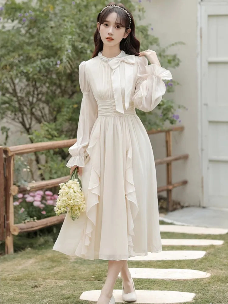 Autumn Chiffon Midi Dresses for Women O-neck Bow Flare Sleeve High Waist Ruffles A-line Princess Party Dress Vestidos Mujer New - Seprincess