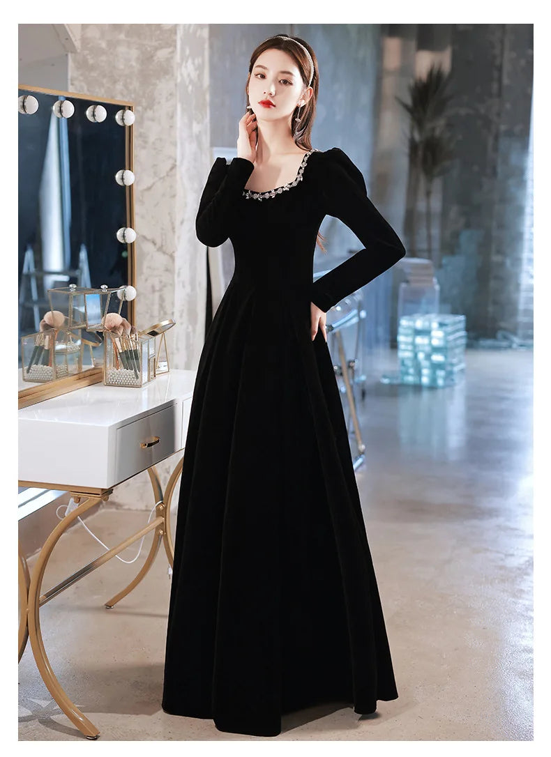 Black Evening Dresses Long Sleeve Square Collar Elegant Velvet Dress Beading Crystal Formal Gowns 2023 New Vestido - Seprincess