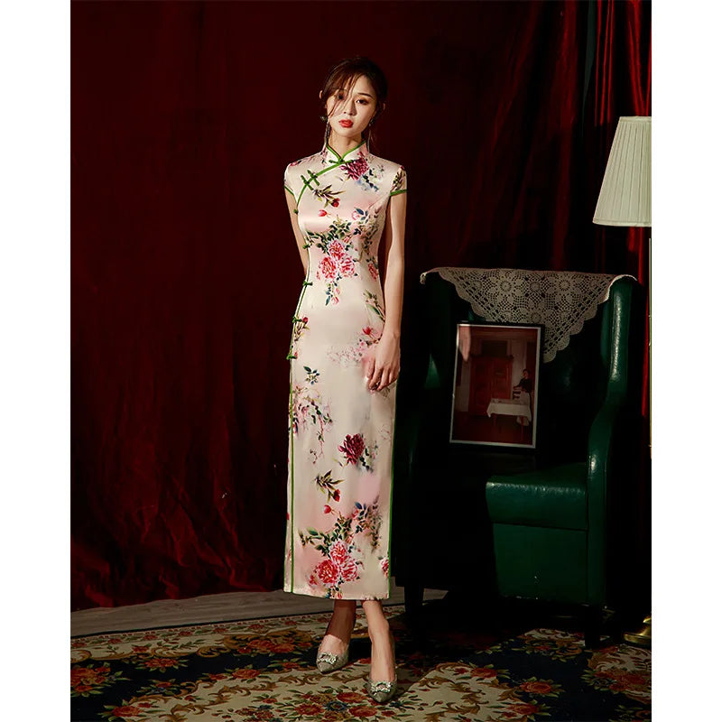 2023 Spring Silk Maxi Long Improved Cheongsam Retro Elegant Performance Chinese Traditional Style Evening Dress Qipao for Women - Seprincess