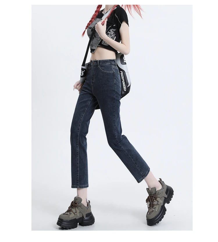 High Waisted Straight Slim Elastic Denim Jeans For Women Smoke Pipe 9,8 Pants Casual Brand Sexy Trousers Female