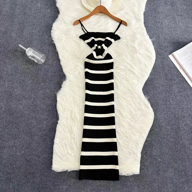 Summer Stripe Elastic Bodycon Strap Dress 2024 Sexy Beach Sundress Women Casual Slim Pencil Vestidos Maxi Long Dress - Seprincess