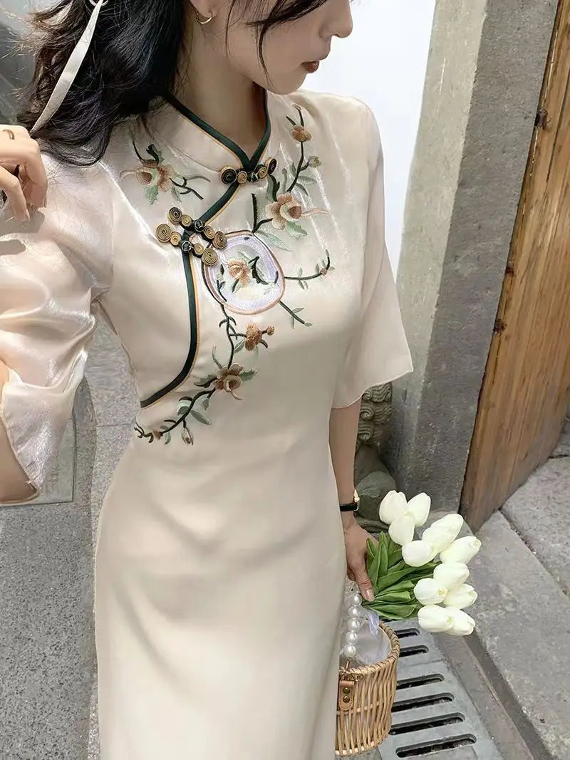 Cheong Sam Modern Chinese Style Qipao Improved Dress Cheongsam Long High-end Half Sleeve Young Ladies Modern Qi Pao Dress Woman - Seprincess