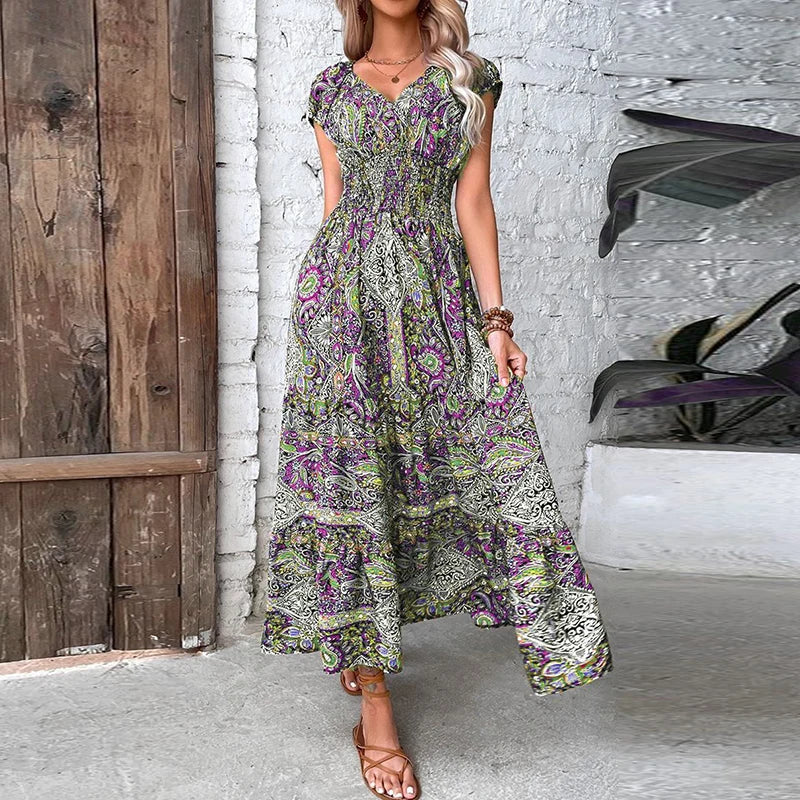 Women Vintage Print Long Dress 2023 Summer Sexy V Neck Short Sleeve A-line Dress Female Elegant Elastic Waist Maxi Dresess Robe - Seprincess