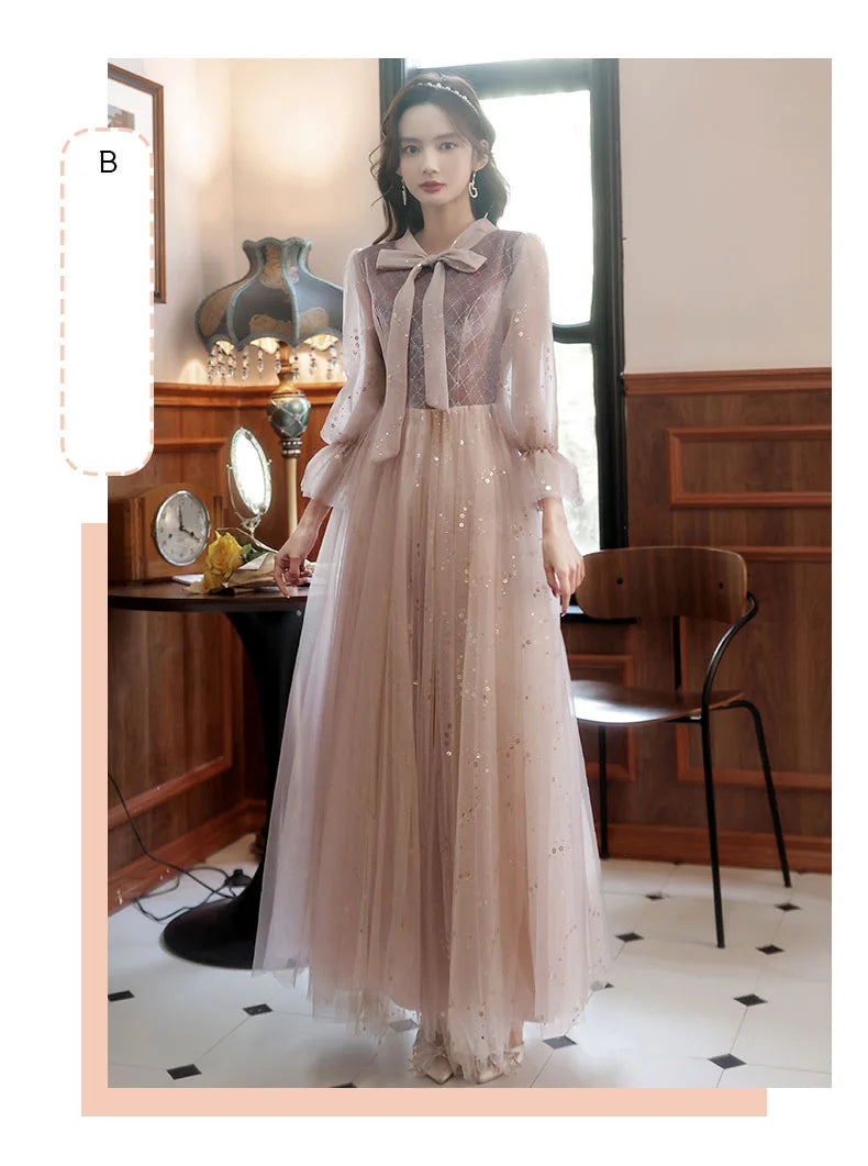 2022 New 4 Styles Bridesmaid Dress Bow Retro Elegant Long-sleeved Chic Temperament Long Evening Dress For Wedding Women Guest - Seprincess