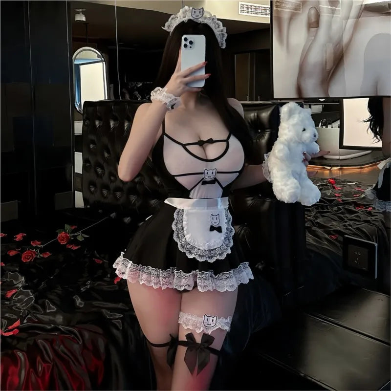 Erotic lingerie Maid Uniform Temptation Deep V Perspective Tight Fit open crotch Cosplay sexy. items lolita costumes xxx sexshop - Seprincess