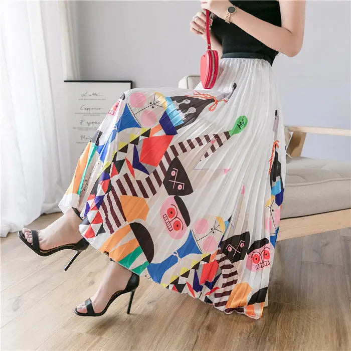 Pleated Skirt Women Summer 2022 New  Print Cartoon Pattern  Elastic Women Skirt Big Swing Party Holiday High Waist Skirts