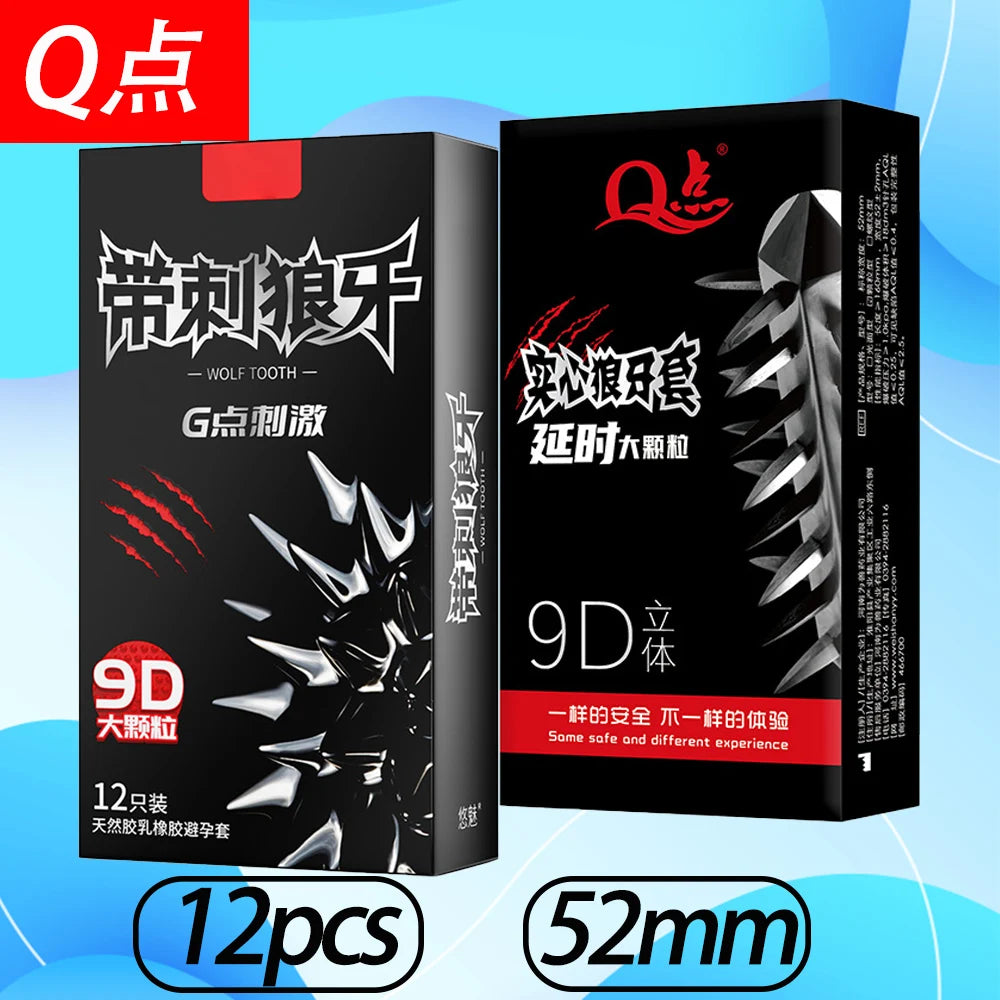 52mm Condoms Long-Lasting Delay Hyaluronic Acid 12pcs Condoms Wolf Teeth Large Particles of Erotic Explosive Safer Sex Products - Seprincess