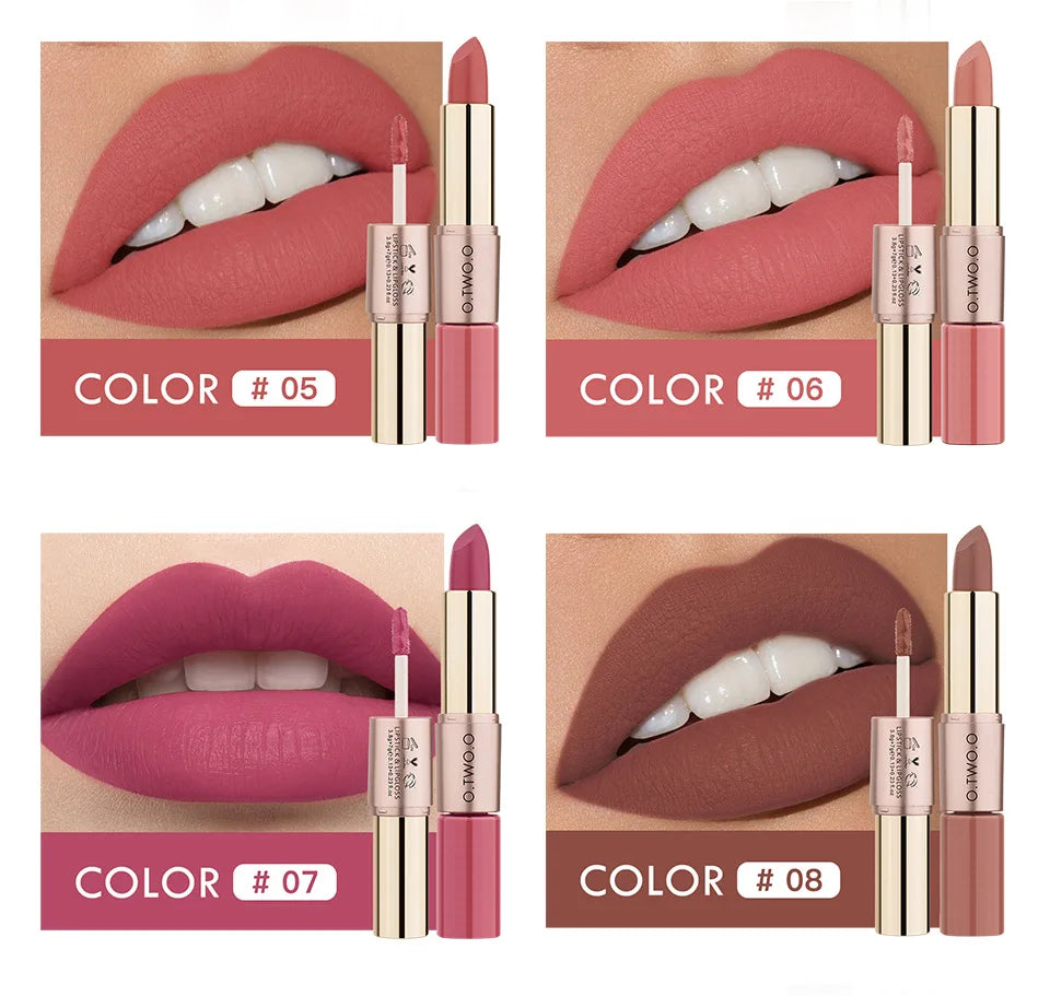 O.TWO.O 2 IN 1 Matte Lipstick&Liquid Lipstick 12 Colors Makeup Lip Glaze Waterproof Batom Lip Cosmetics Silky Texture - Seprincess