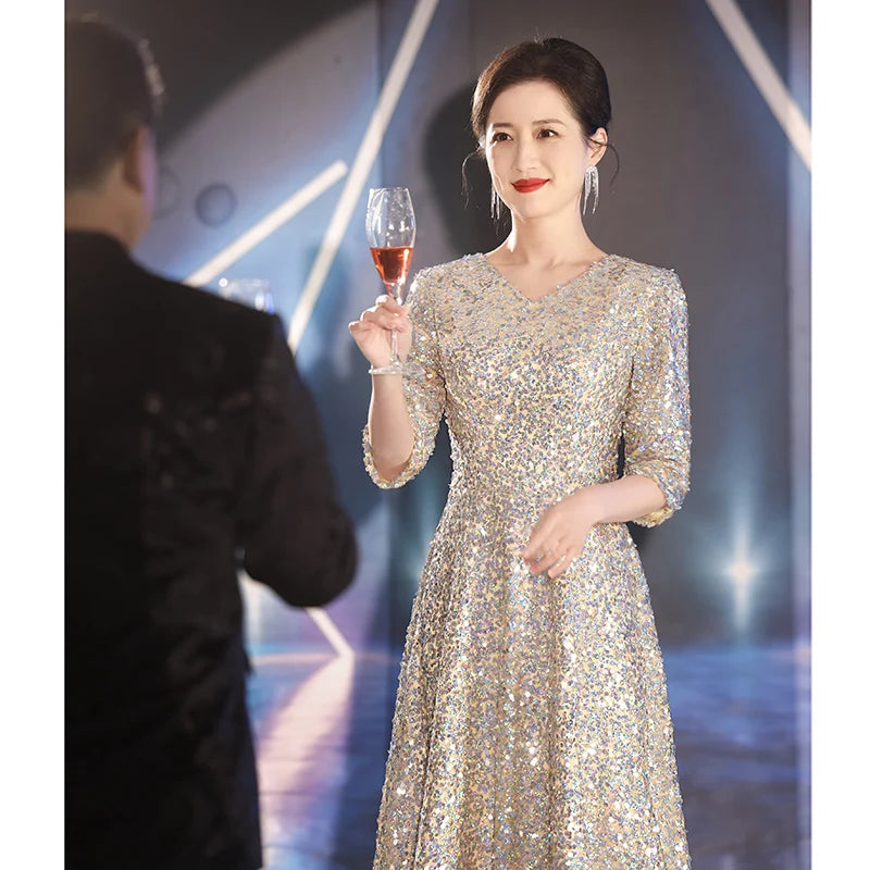 Shiny Sequin Mother Of the Groom Dresses 2024 New Elegant V-Neck Floor-Length Long Wedding Party Gowns With Sleeves - Seprincess