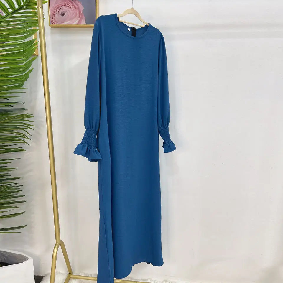 Under Abaya Inner Long Slip Dress Solid Color Smocked Cuffs Islamic Clothing Muslim Woman Casual Dubai Turk Modest Hijabi Robe