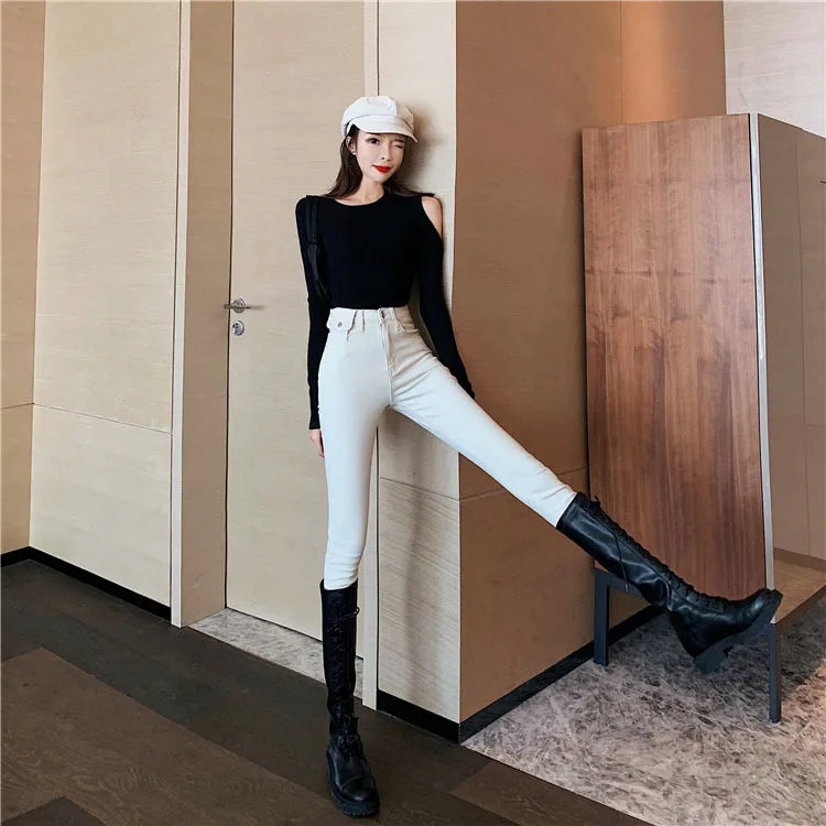 Jeans Women Spring 2023 Fashion Beige High Waist Leggings Skinny Label Pencil Pants Boots Pants