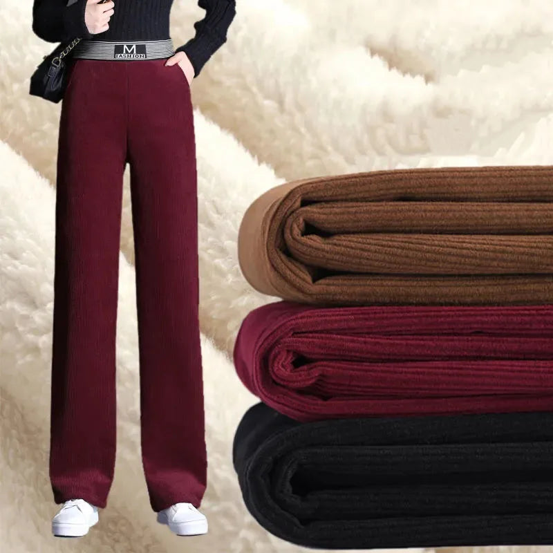 Autumn High Waist Women Corduroy Trousers Winter Thick Warm Wide Leg Pants Loose Fashion Streetwear Solid Straight Pants New