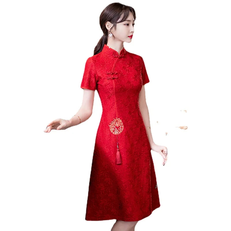 Chinese Traditional Retro Red Modern Improved Cheongsam Summer New Short Sleeve Engagement Qipao Dress - Seprincess