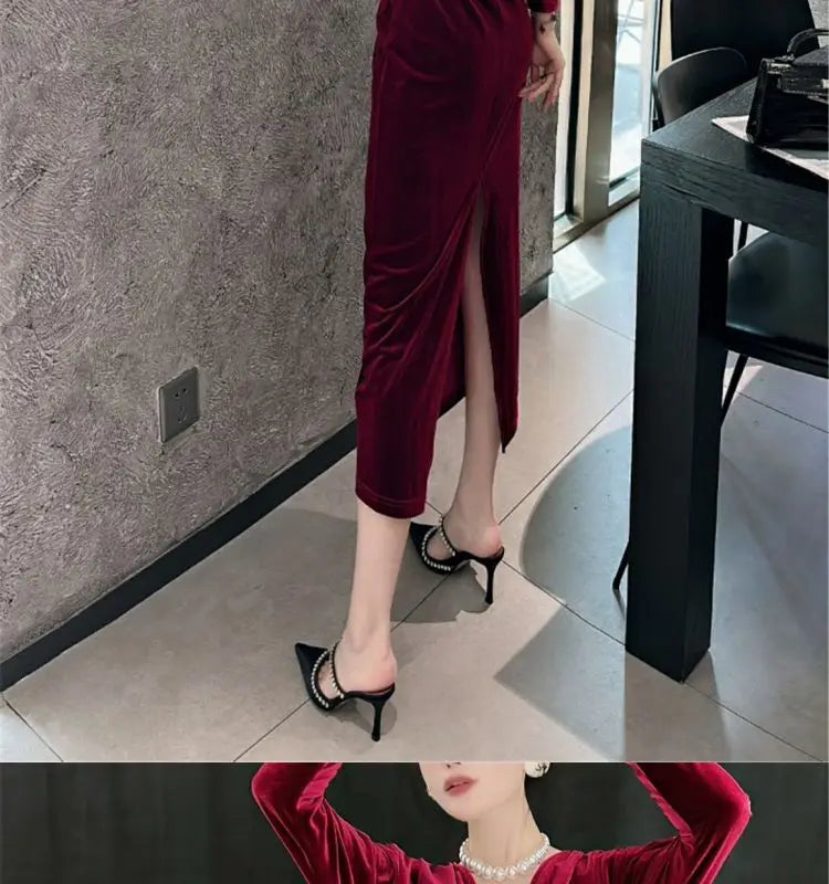 Women Vintage Gold Velvet Ruched Bodycon Elegant Evening Party Dresses Sexy V Neck Split High Waist Long Sleeve Maxi Dress Robe - Seprincess