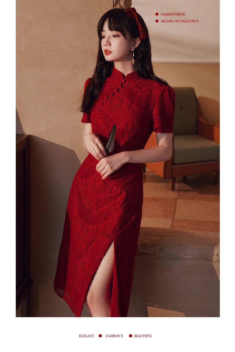 Chinese Style Red Lace Short Sleeve Cheongsam Slim Dress Elegant Traditional Evening Dresses Qipao - Seprincess