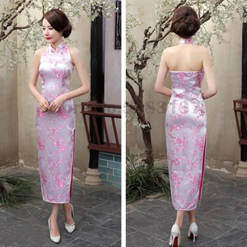 Plus Size 3XL Qipao Sexy Backless Sleeveless Cheongsam Retro Classic Brocade Chinese Vestidos Traditional Printed Flower Dress - Seprincess