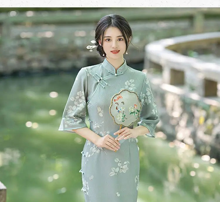 New Summer Vintage Elegant Cheongsam Chinese Traditional Qipao Mid Sleeve Dress for Women Clothing - Seprincess