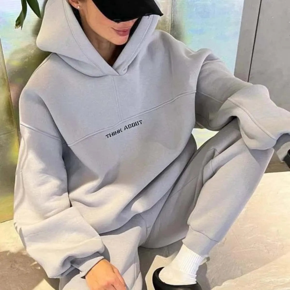 Two Piece Drawstring Set Long Sleeved Letter Print Hoodies Loose Sweatshirt Jogging Pants Outfits Autumn Women Sports Hooded - Seprincess