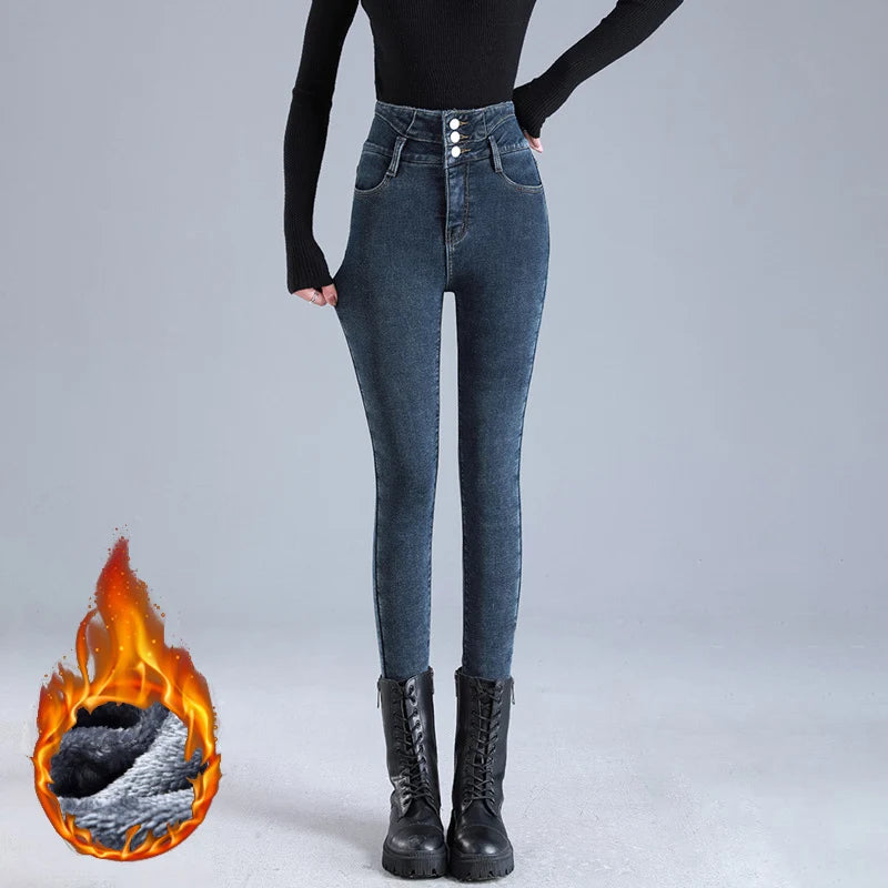 Women Thermal High Waist Jeans Winter Snow Warm Plush Stretch Jeans Lady Skinny Thicken Students Denim Pants Fleece Fur Trousers