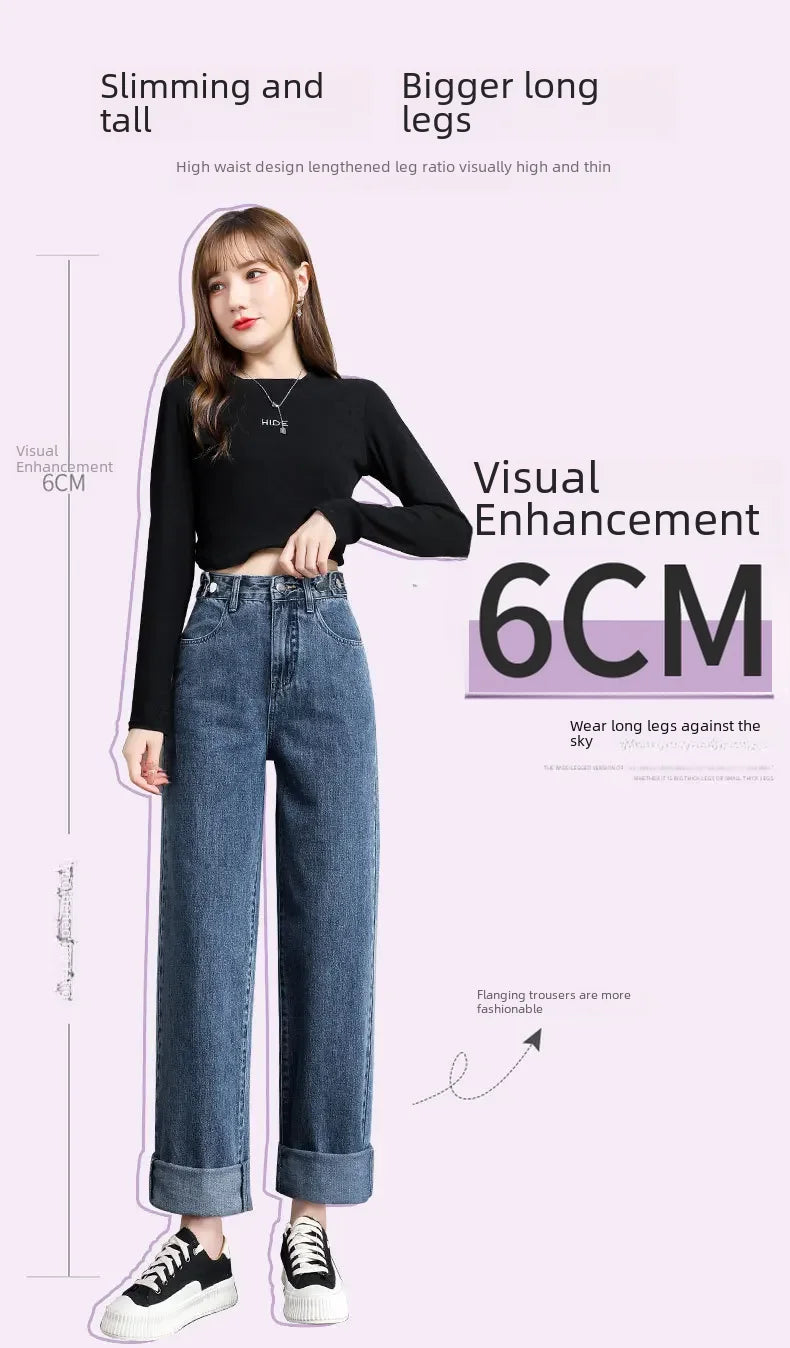 Loose Women Jeans High Waist Design Adjustable Straight Crotch Retro Style Trousers Cotton Fabric Comfortable Casual Style