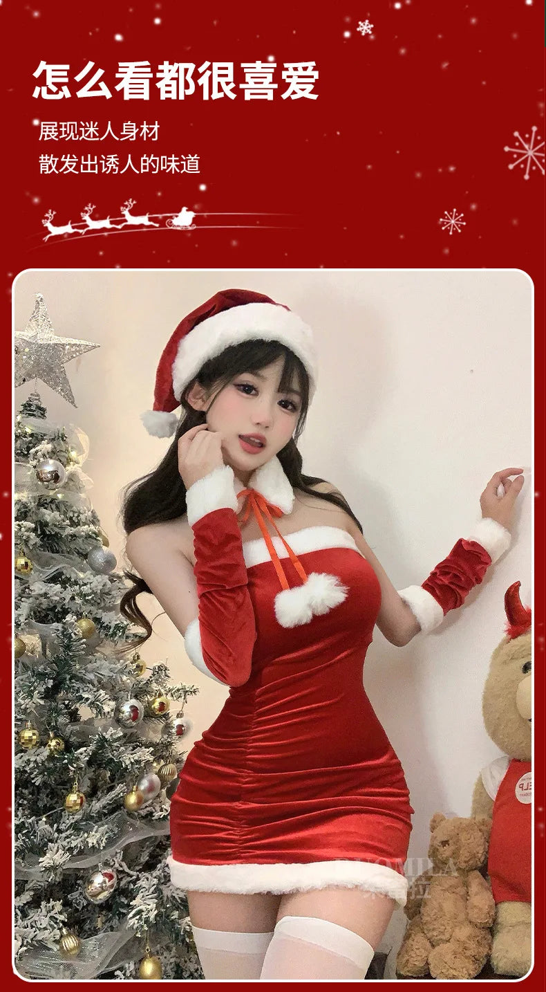 Fashion Sexy Korean Women Christmas Decoration Short Dress Elegant Velvet Sexy Female Cosplay Halloween Performance Dress 6BVH - Seprincess